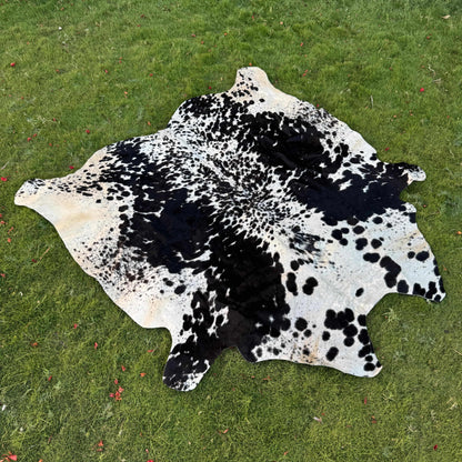 A natural cowhide rug with a black and white spotted pattern, laid out on a green grass lawn.