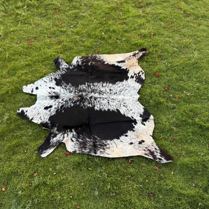 A black and white cowhide rug laid flat on a green grass lawn.