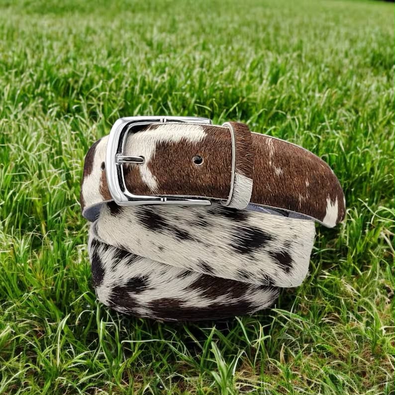 Cowhide Leather Belt Brown White – Western Handmade with Silver Buckle