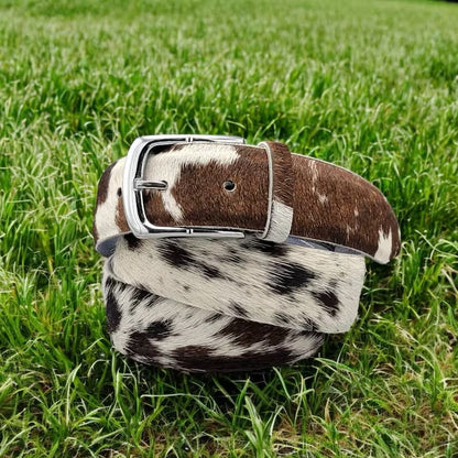 Cowhide Leather Belt Brown White – Western Handmade with Silver Buckle
