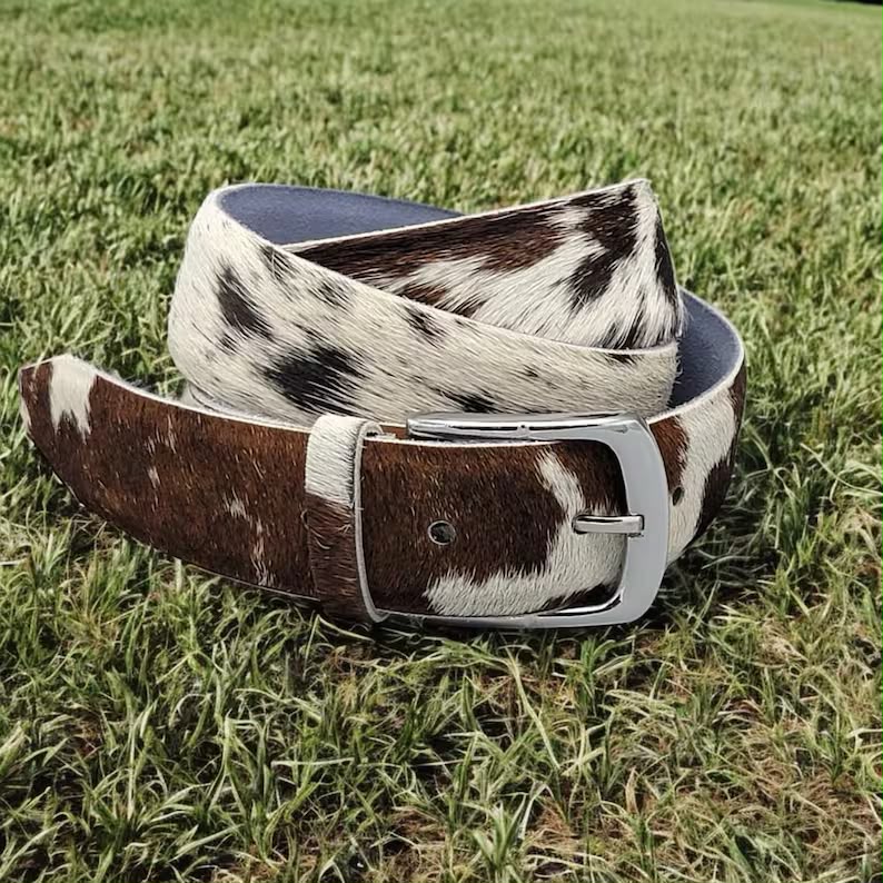 Cowhide Leather Belt Brown White – Western Handmade with Silver Buckle