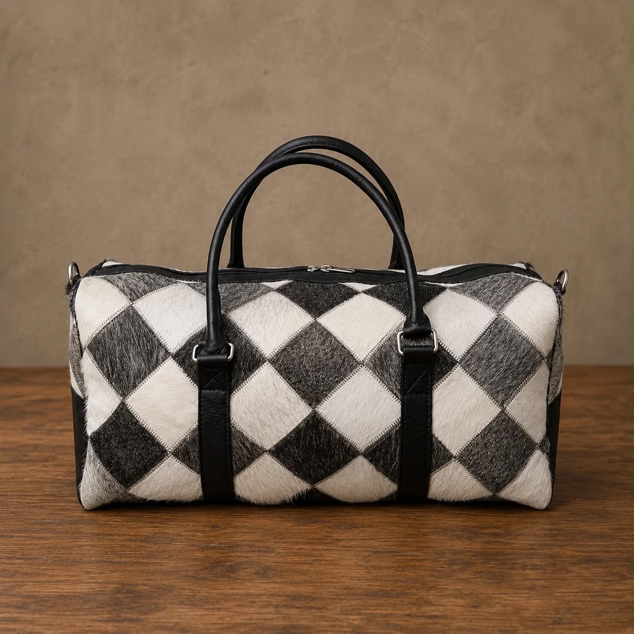 Black and white cowhide duffel bag with leather handles