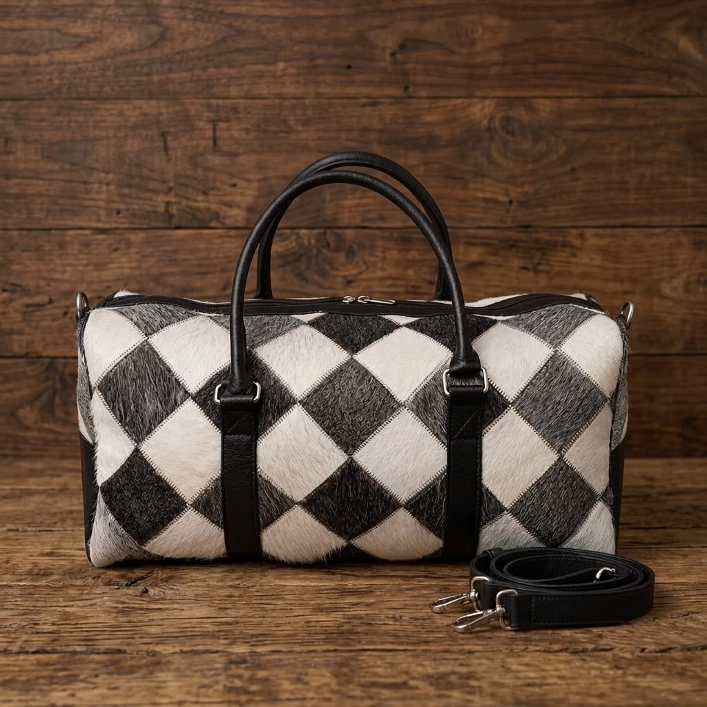 Black and white cowhide duffel bag with detachable shoulder strap