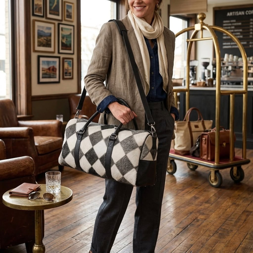 Woman carrying a black and white cowhide duffel bag