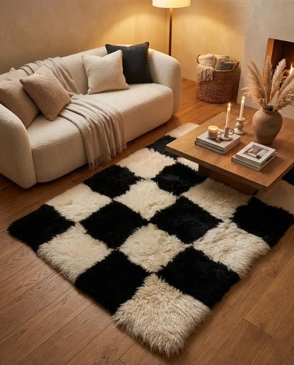 Black and white patchwork sheepskin rug anchoring a contemporary lounge area