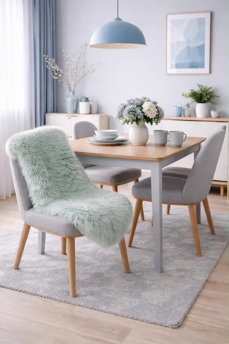 Blue grey sheepskin rug draped over a dining chair in a bright room