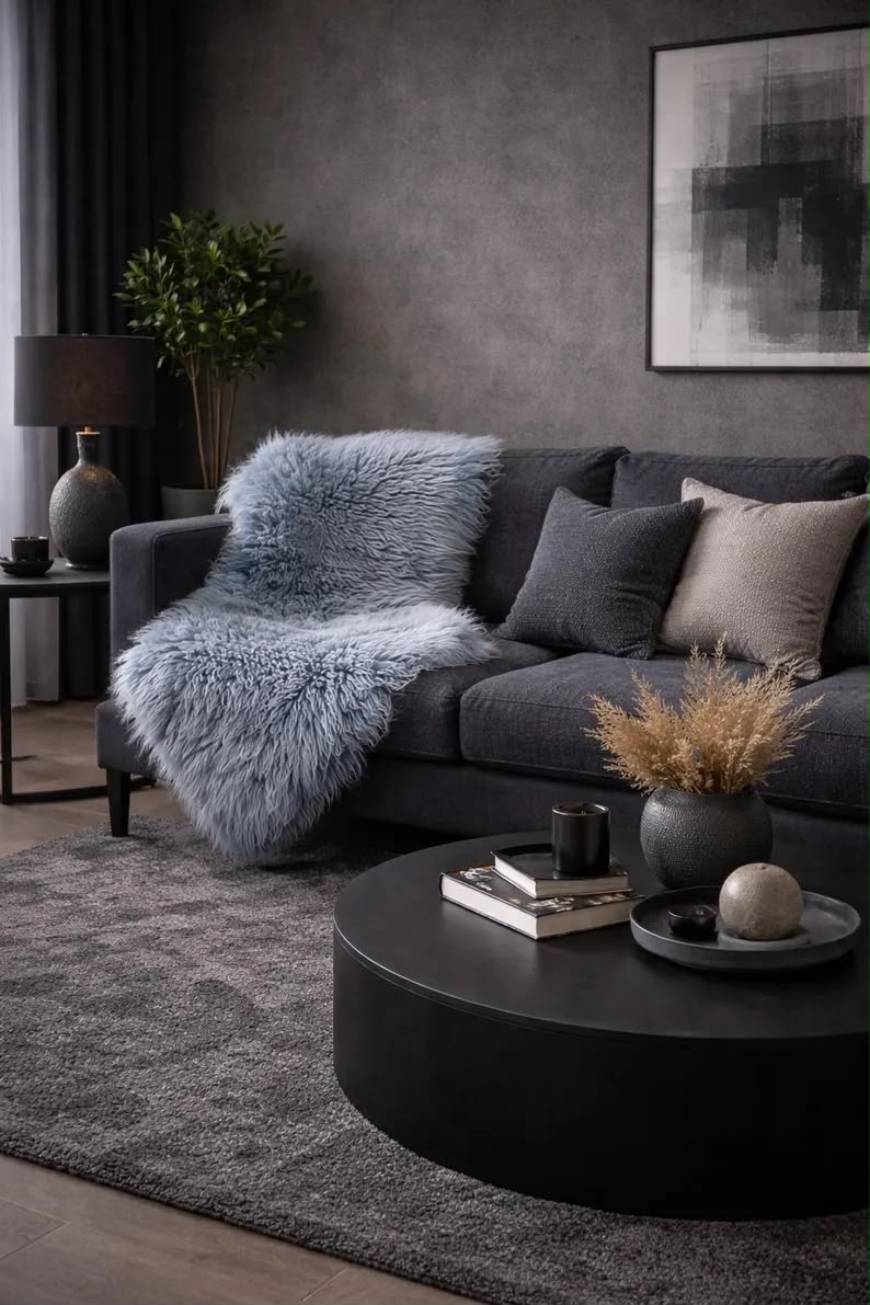 Blue sheepskin rug draped over a dark sofa in a modern living room