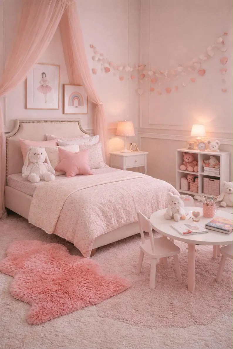 Blush pink sheepskin rug used as a floor accent in a pink bedroom
