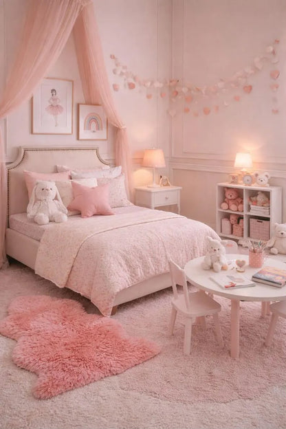 Blush pink sheepskin rug used as a floor accent in a pink bedroom