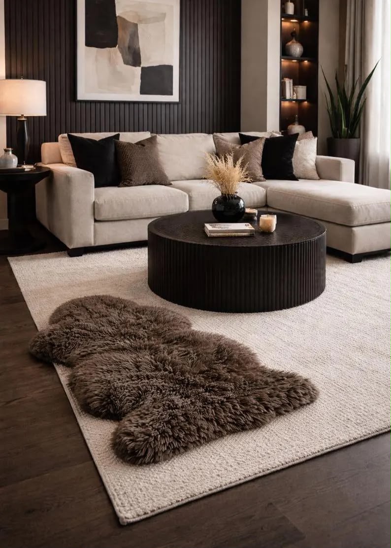Brown sheepskin rug styled on a neutral area rug in a modern living room