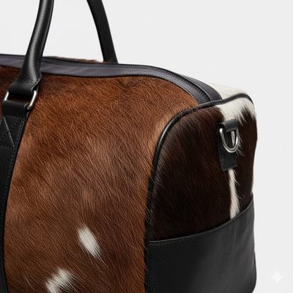 Close-up of brown and white cowhide texture on duffel bag