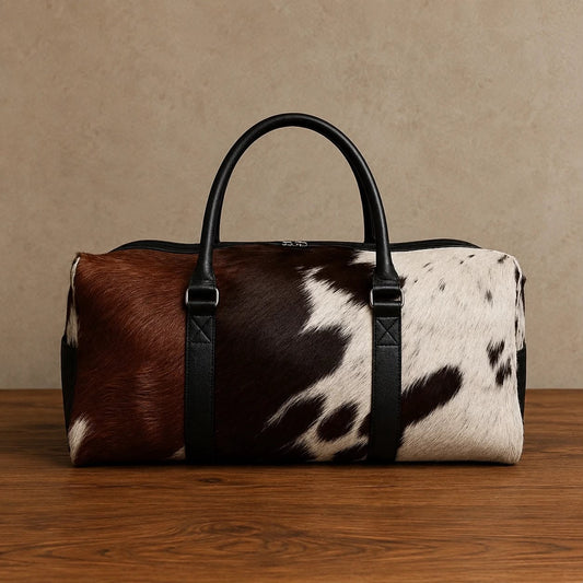Brown and white cowhide duffel bag with black leather handles