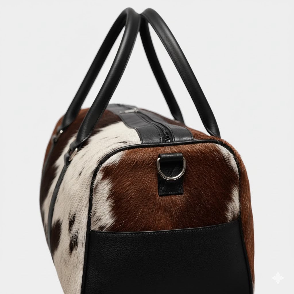 Side compartment on brown and white cowhide duffel bag