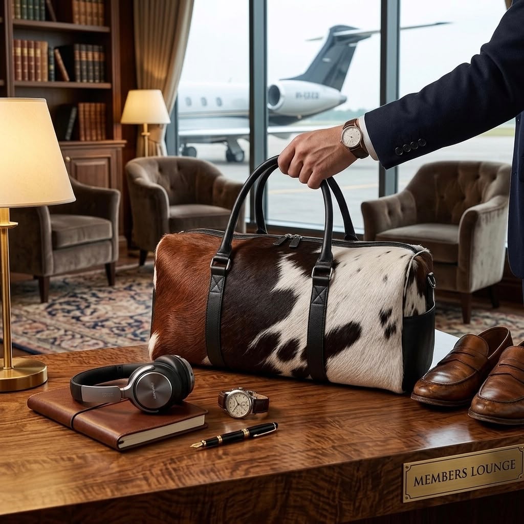 Brown and white cowhide duffel bag styled for travel