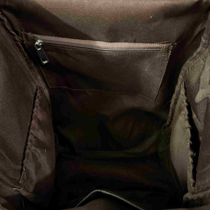 Close-up view of the interior of a brown fabric bag, showing a zippered pocket on the left side and the dark inner lining.