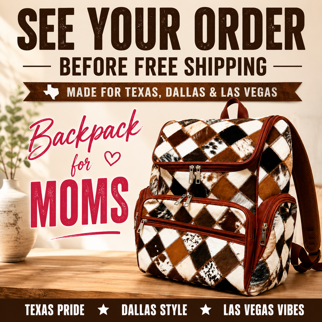Backpack for moms with checkered pattern on a wooden surface, promotional text overlay.