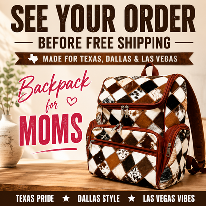 Backpack for moms with checkered pattern on a wooden surface, promotional text overlay.