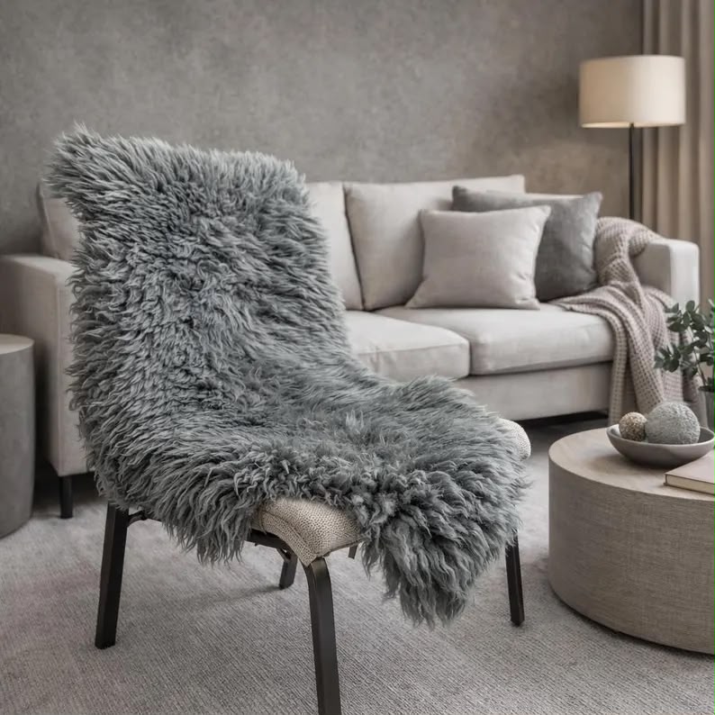 Dark grey natural sheepskin rug draped over a chair in a neutral living room