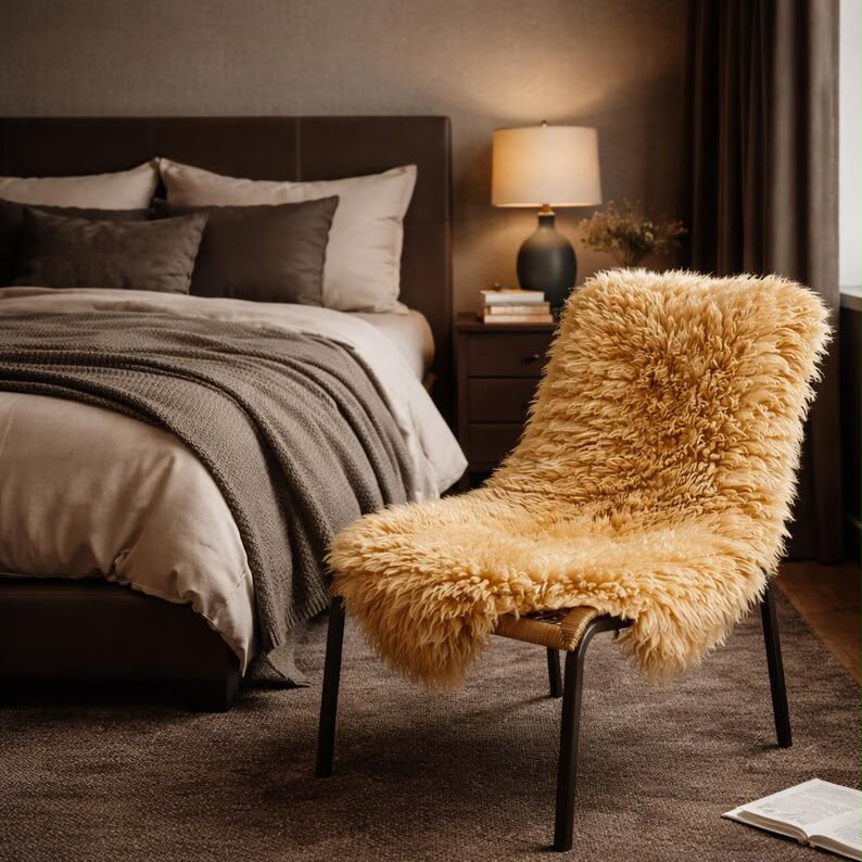 Golden beige sheepskin rug draped over a chair in a cozy bedroom