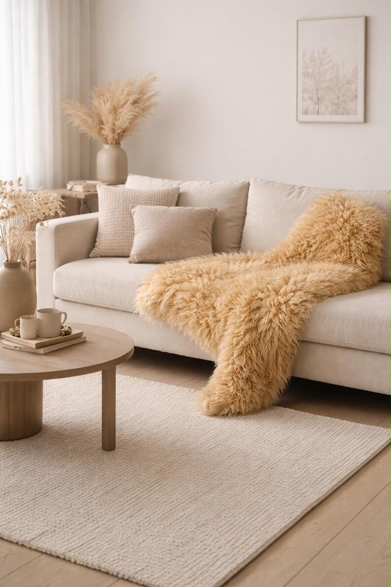 Golden beige sheepskin rug draped over a cream sofa in a neutral living room