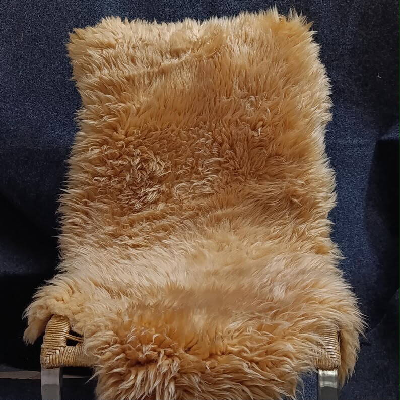 Golden beige single pelt sheepskin rug showing its natural shape
