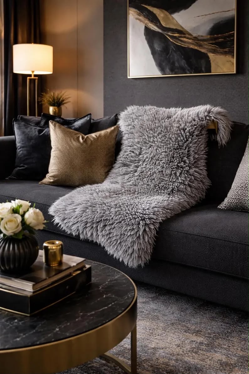 Grey sheepskin rug draped over a dark sofa in a modern living room