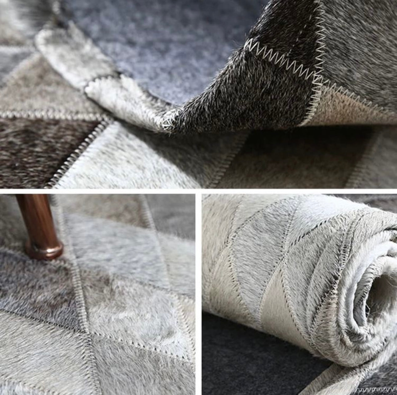 Grey White Luxury Tricolour Cowhide Patchwork Rug – Handcrafted Leather Carpet for Modern Homes | Area Rug for Lounge Living rooms | SEE YOUR RUG BEFORE FREE SHIPPING - Cowhide Kingdom