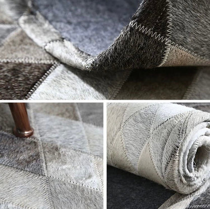 Grey White Luxury Tricolour Cowhide Patchwork Rug – Handcrafted Leather Carpet for Modern Homes | Area Rug for Lounge Living rooms | SEE YOUR RUG BEFORE FREE SHIPPING - Cowhide Kingdom