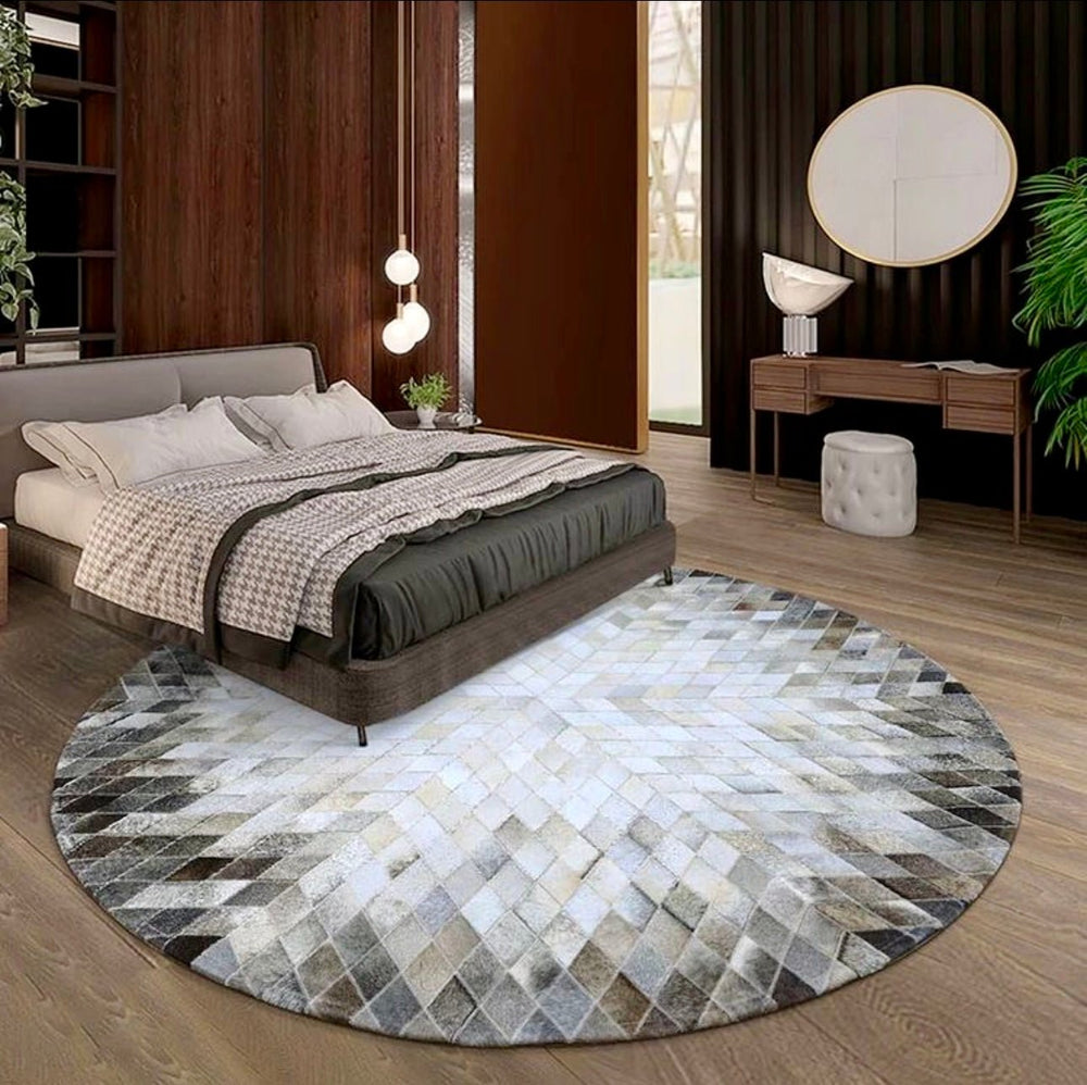 Handcrafted genuine cowhide patchwork rug made from real leather pieces