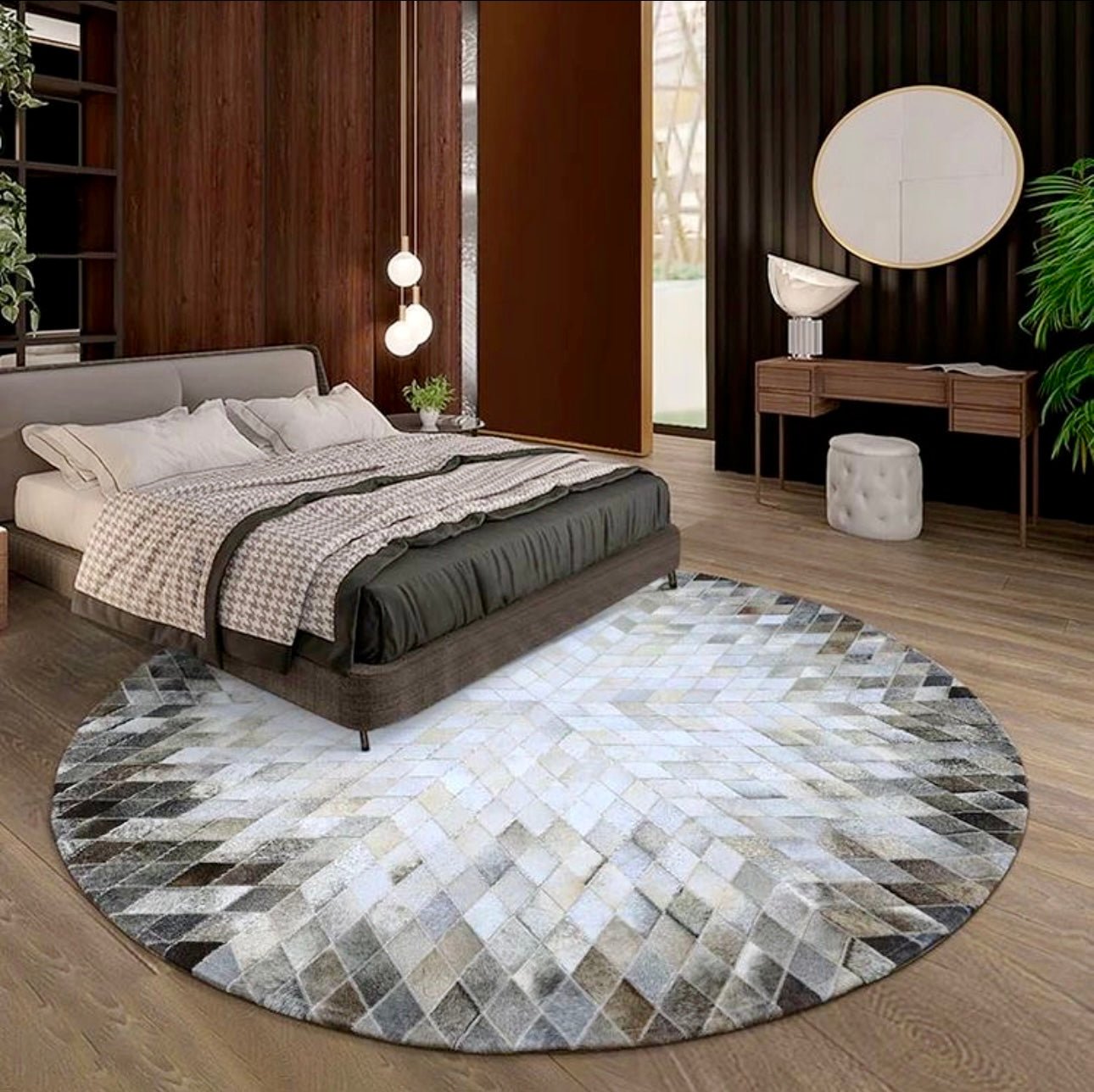 Grey White Luxury Tricolour Cowhide Patchwork Rug – Handcrafted Leather Carpet for Modern Homes | Area Rug for Lounge Living rooms | SEE YOUR RUG BEFORE FREE SHIPPING - Cowhide Kingdom