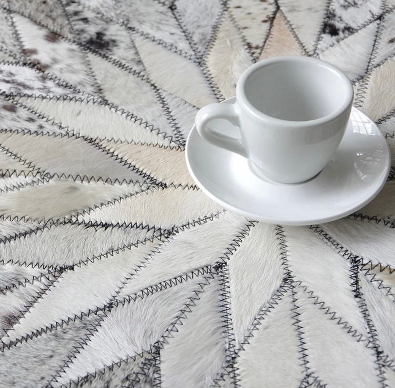 Grey White Luxury Tricolour Cowhide Patchwork Rug – Handcrafted Leather Carpet for Modern Homes | Area Rug for Lounge Living rooms | SEE YOUR RUG BEFORE FREE SHIPPING - Cowhide Kingdom