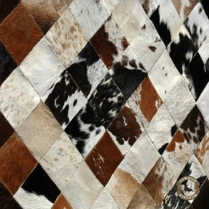Hand - Stitched Real Cowhide Leather Patchwork Rug Rustic Boho Home Decor | Premium Natural Cowhide Patchwork Rug Handcrafted Leather Rug for Office or Entryway - Cowhide Kingdom