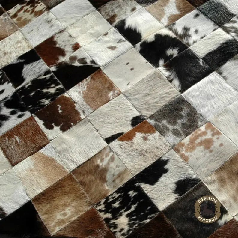 Hand - Stitched Real Cowhide Leather Patchwork Rug Rustic Boho Home Decor | Premium Natural Cowhide Patchwork Rug Handcrafted Leather Rug for Office or Entryway - Cowhide Kingdom