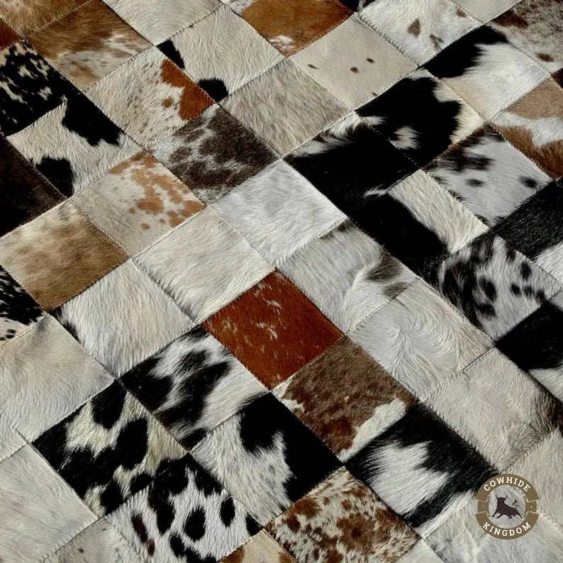 Hand - Stitched Real Cowhide Leather Patchwork Rug Rustic Boho Home Decor | Premium Natural Cowhide Patchwork Rug Handcrafted Leather Rug for Office or Entryway - Cowhide Kingdom
