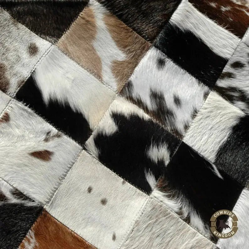 Hand - Stitched Real Cowhide Leather Patchwork Rug Rustic Boho Home Decor | Premium Natural Cowhide Patchwork Rug Handcrafted Leather Rug for Office or Entryway - Cowhide Kingdom
