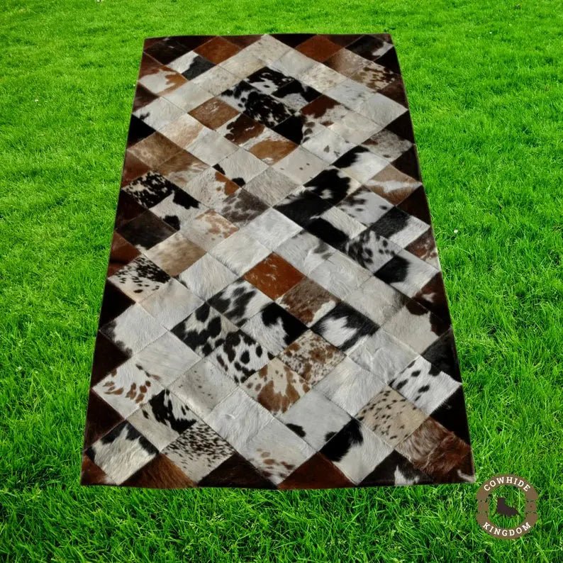 Hand - Stitched Real Cowhide Leather Patchwork Rug Rustic Boho Home Decor | Premium Natural Cowhide Patchwork Rug Handcrafted Leather Rug for Office or Entryway - Cowhide Kingdom