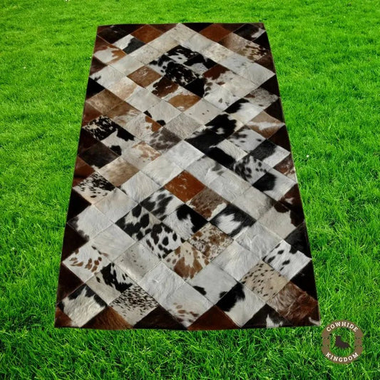 Hand - Stitched Real Cowhide Leather Patchwork Rug Rustic Boho Home Decor | Premium Natural Cowhide Patchwork Rug Handcrafted Leather Rug for Office or Entryway - Cowhide Kingdom