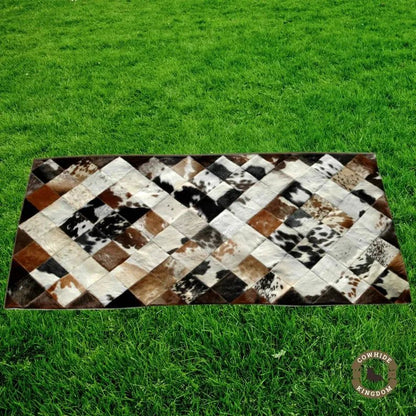 Hand - Stitched Real Cowhide Leather Patchwork Rug Rustic Boho Home Decor | Premium Natural Cowhide Patchwork Rug Handcrafted Leather Rug for Office or Entryway - Cowhide Kingdom