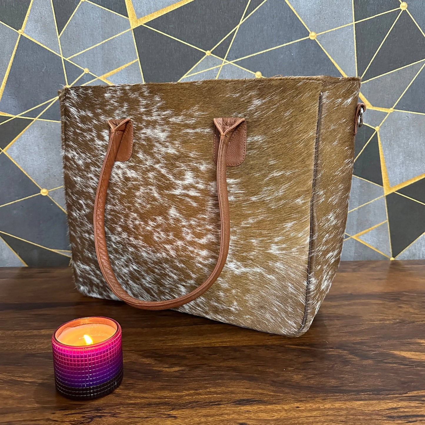 Handmade Genuine Cowhide Leather Tote Bag – Large Western Shoulder Purse for Women | Rustic Boho Travel Handbag with Real Cowhide Pattern - Cowhide Kingdom
