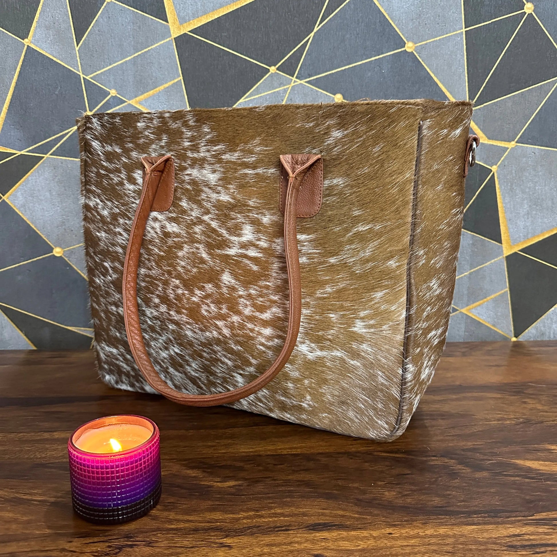 Handmade Genuine Cowhide Leather Tote Bag – Large Western Shoulder Purse for Women | Rustic Boho Travel Handbag with Real Cowhide Pattern - Cowhide Kingdom