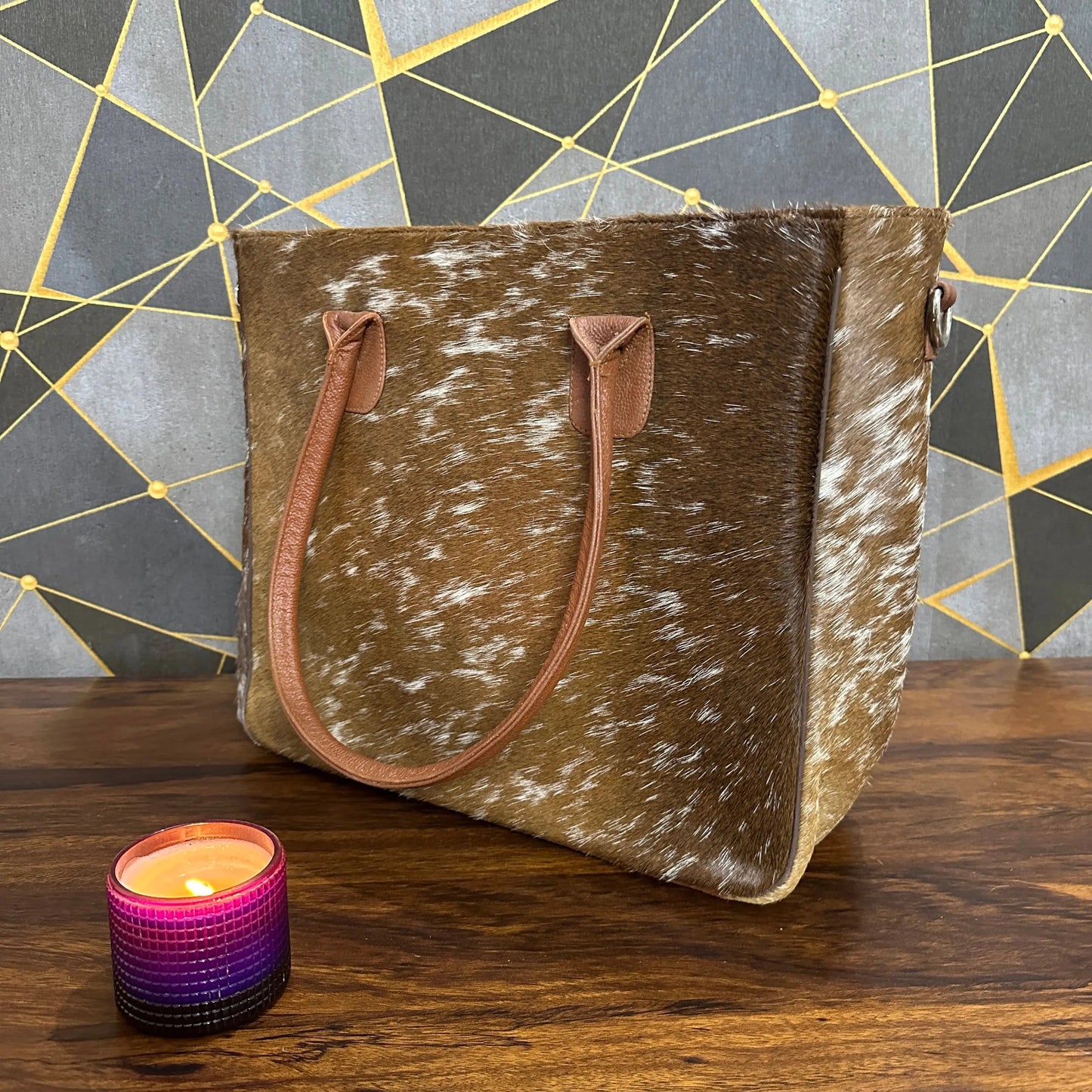 Handmade Genuine Cowhide Leather Tote Bag – Large Western Shoulder Purse for Women | Rustic Boho Travel Handbag with Real Cowhide Pattern - Cowhide Kingdom