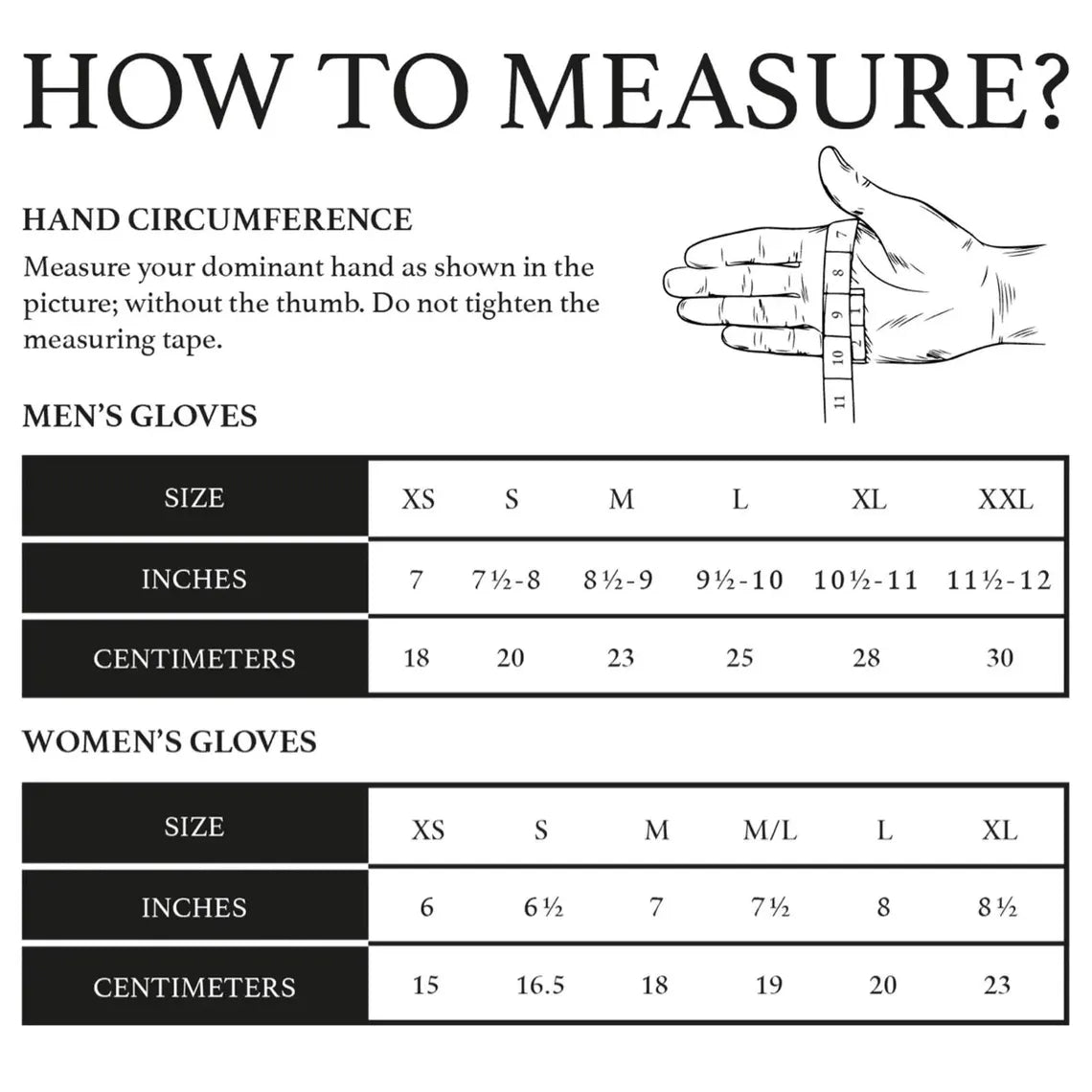 Measurement chart titled 'HOW TO MEASURE?' showing instructions for measuring hand circumference and a size table for men's and women's gloves with inches and centimeters for sizes XS through XXL.