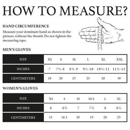 Measurement chart titled 'HOW TO MEASURE?' showing instructions for measuring hand circumference and a size table for men's and women's gloves with inches and centimeters for sizes XS through XXL.