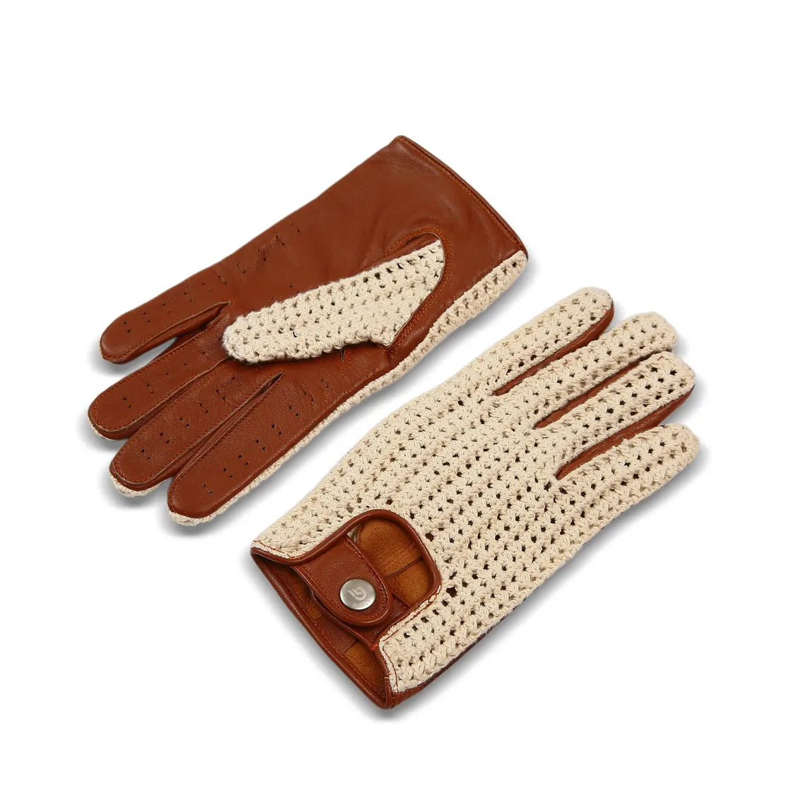 A pair of men's golf gloves in brown leather and cream crocheted knit, displayed on a clean white background.