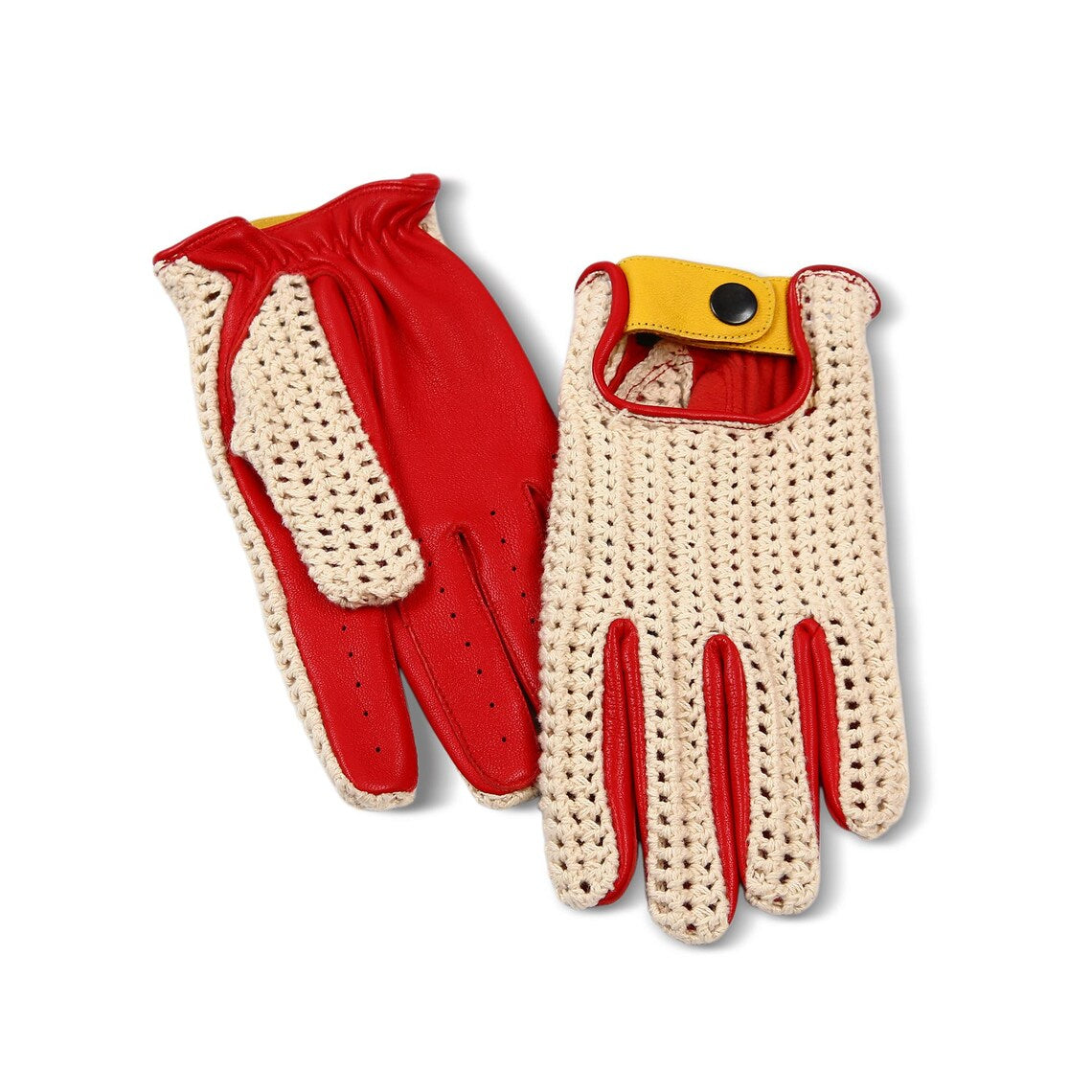 A pair of knit and leather racing gloves in red and beige, with a yellow wrist strap and black snap button on one glove, shown against a plain white background.