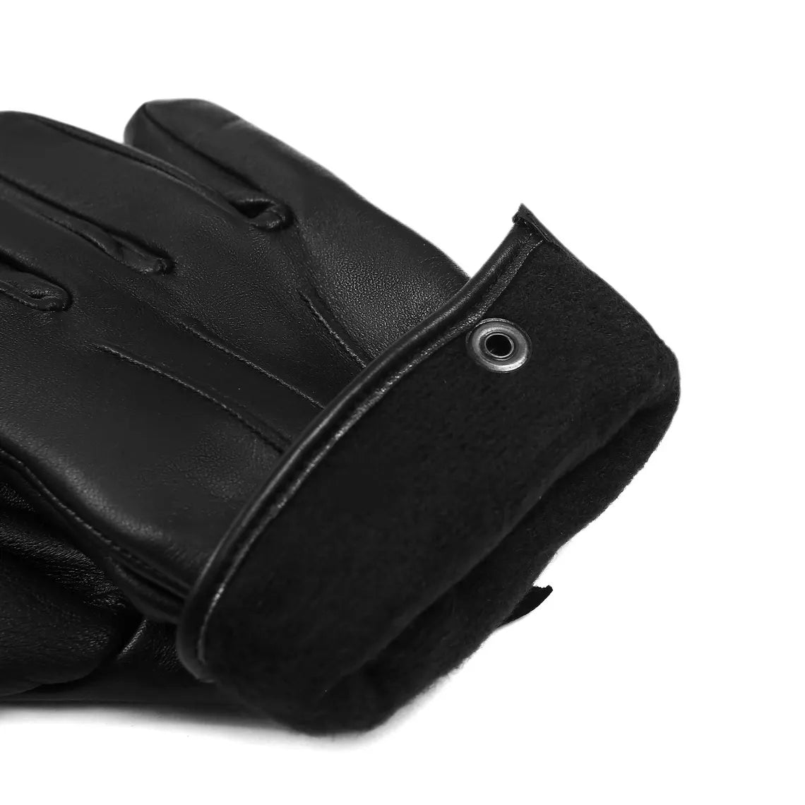 A close-up of a black leather glove with a black fleece cuff and a metal snap button, shown on a white background.