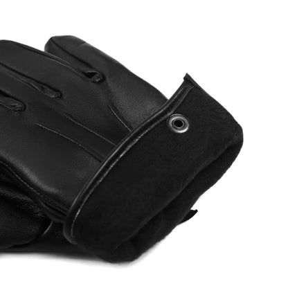 A close-up of a black leather glove with a black fleece cuff and a metal snap button, shown on a white background.