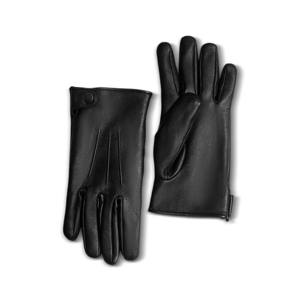 A pair of black leather gloves, one showing the back of the hand with a snap button closure and the other showing the palm side, set against a plain white background.