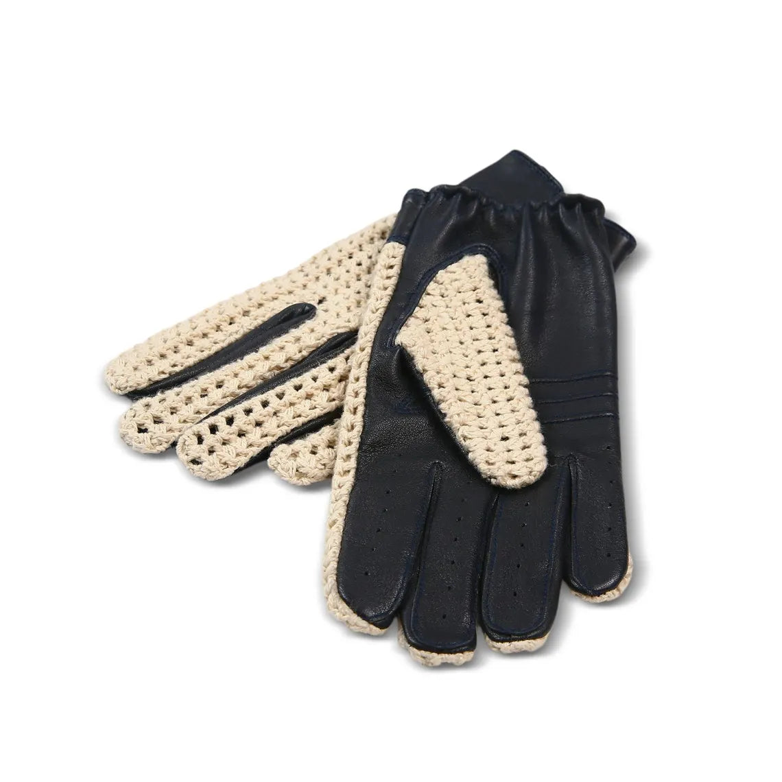 Men’s Black Leather Driving Gloves with Cream Crochet Back – Vintage Motoring Style