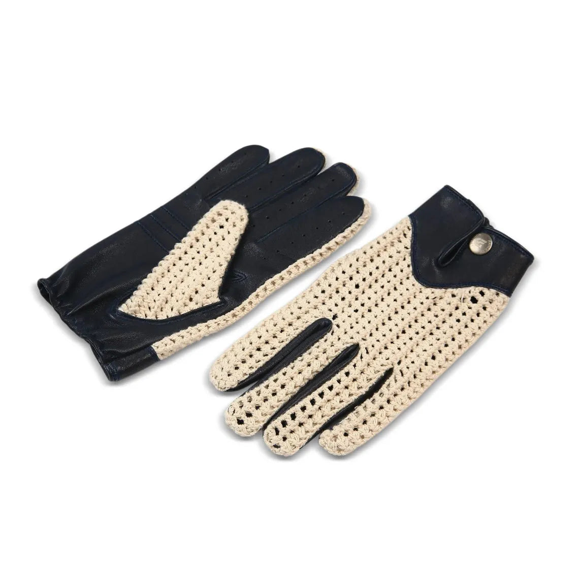 Men’s Black Leather Driving Gloves with Cream Crochet Back – Vintage Motoring Style